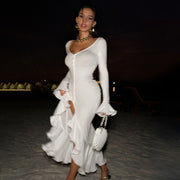 New Fashion V-neck Flared Sleeves Ruffled Split Dress Women