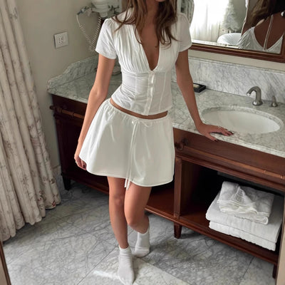 Women's Solid Color Casual Top Waist Trimming Shirt Women's High Waist A- Line Skirt