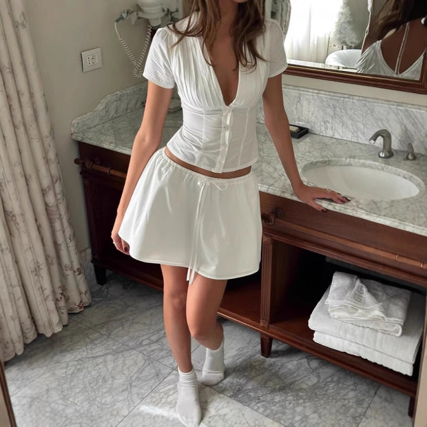 Women's Solid Color Casual Top Waist Trimming Shirt Women's High Waist A- Line Skirt